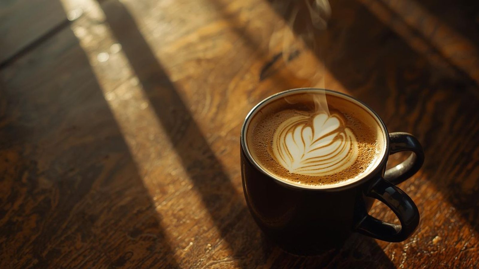 Šálka kávy s latte artom na drevenom stole v rannom svetle
