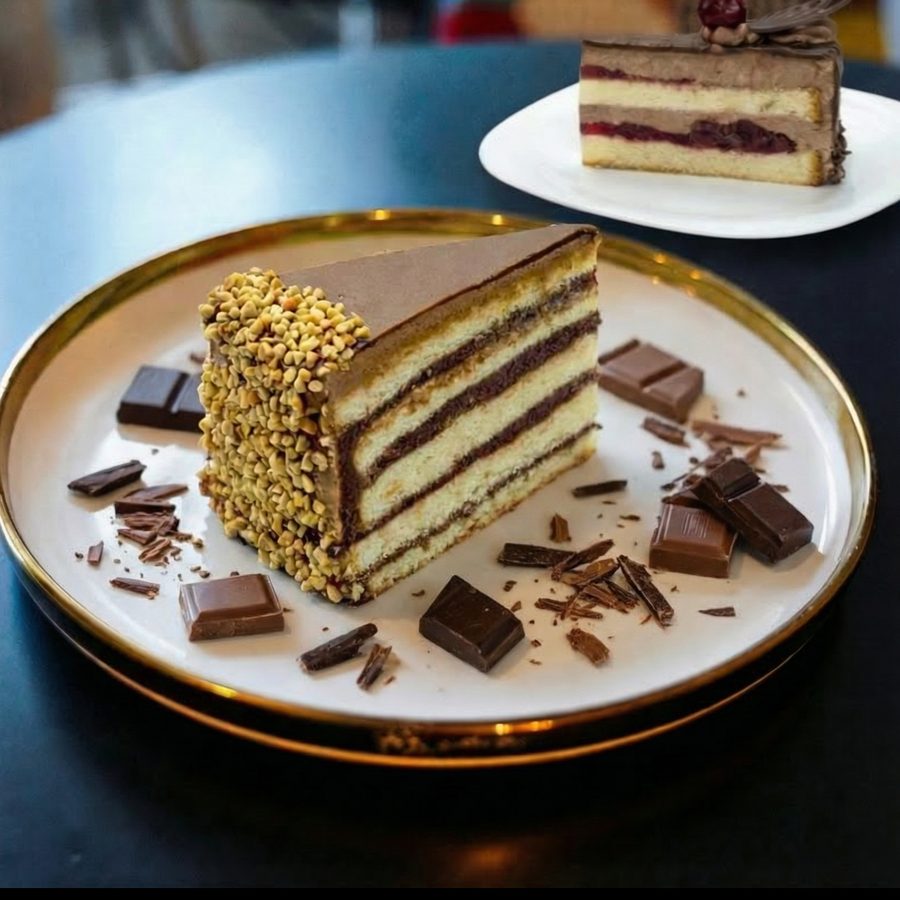 Orieškový rez a čerešňová torta na tanieri v Central Caffe v Dubnici nad Váhom